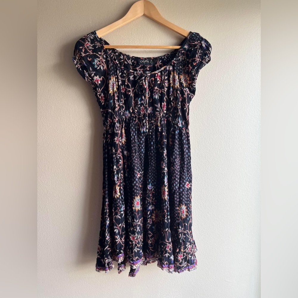 Anthropologie Lola P. Women Floral Mini Short Sleeve Dress Small Brown Boho - Picture 1 of 9